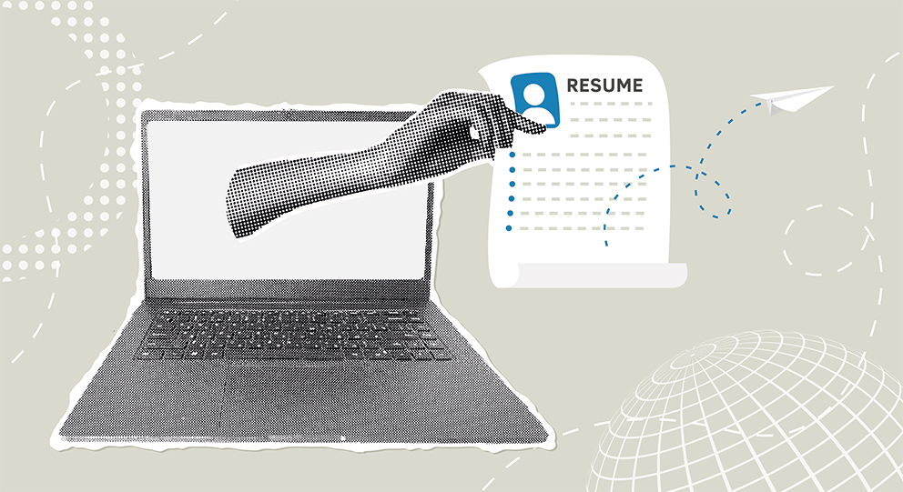 Illustration: Eine Hand, die aus einem Laptopbildschirm reicht und einen Lebenslauf in der Hand hält, als Symbol für das Thema KI im Recruiting