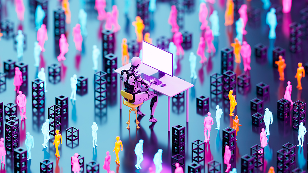 Ein humanoider Roboter sitzt an einem Schreibtisch und arbeitet an einem Computer, als Symbol für das Thema KI im Vertrieb