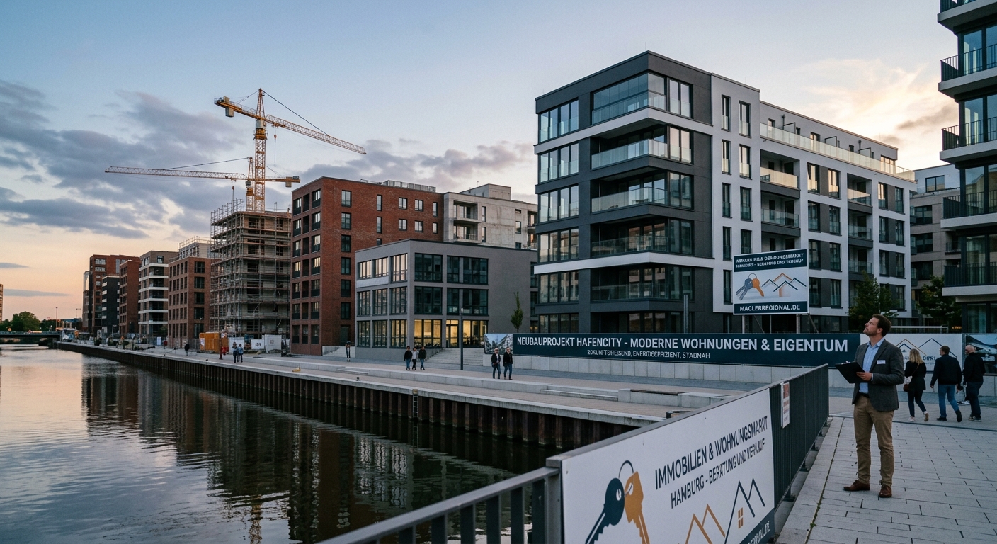 Modernes Quartier am Wasser mit neuen Wohngebäuden, Baukränen im Hintergrund und einem Immobilienexperten bei der Standortbesichtigung.