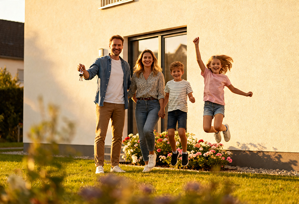 Glückliche Familie bei der Schlüsselübergabe ihres Eigenheims, für das sie eine moderne Immobilienfinanzierung abgeschlossen hatten.