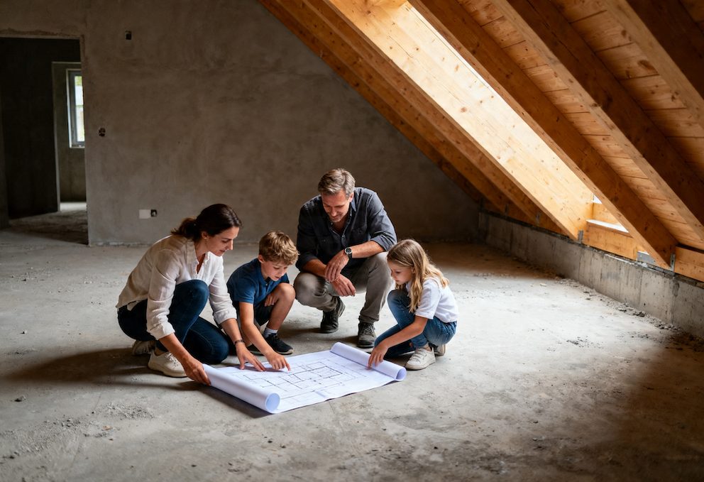 Familie prüft auf einer Baustelle die Baupläne ihres Eigenheims – die Finanzierung des Immobilienkaufs wird durch die Entwicklung der EZB-Zinsen beeinflusst.