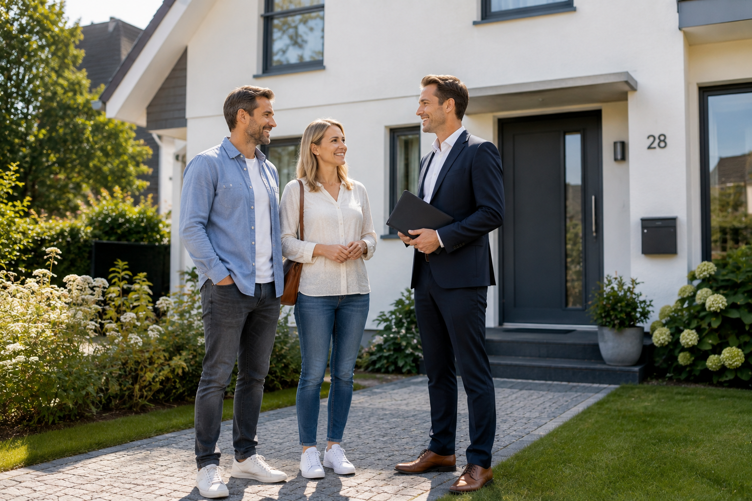 Immobilienberater wie bei der Sparda-Bank Immobilien GmbH berät ein Paar vor einem modernen Einfamilienhaus beim Immobilienkauf.
