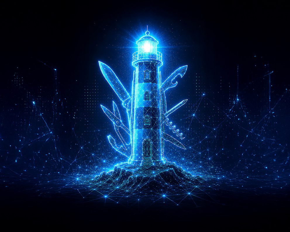 Ein KI-generiertes Bild, das aus einem schwarzen Hintergrund und einem blauen Leuchtturm besteht, um den herum blaue Lichtstreifen zu sehen sind, als Symbol für das Thema Sichtbarkeit in KI-Systemen