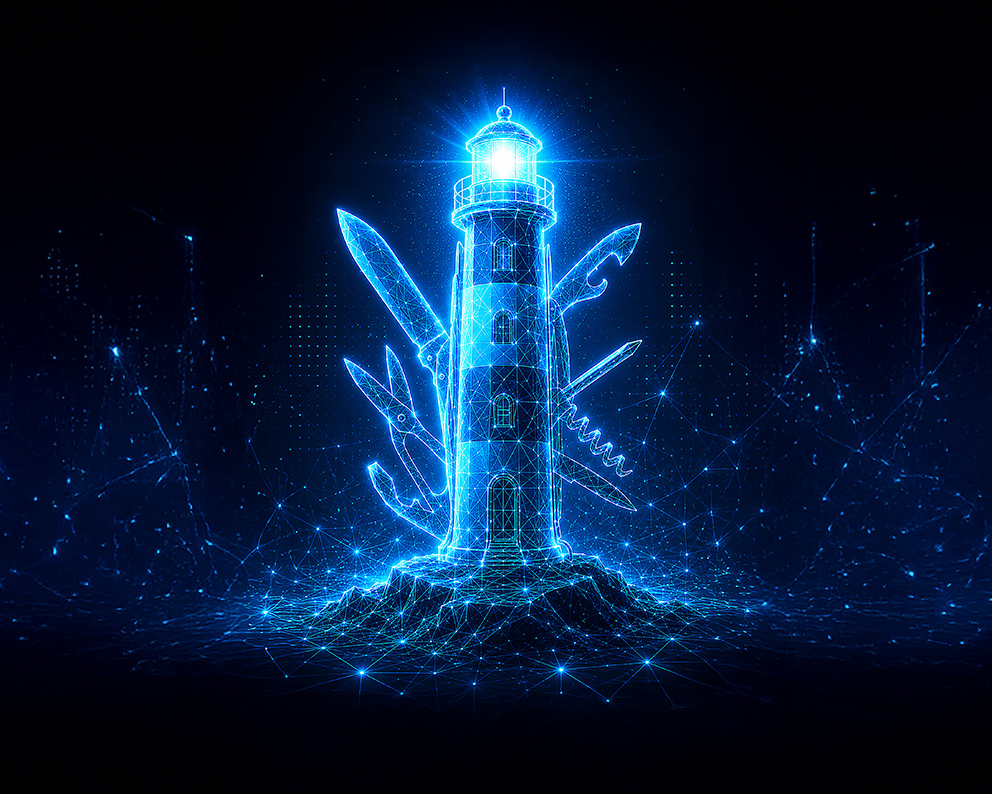 Ein KI-generiertes Bild, das aus einem schwarzen Hintergrund und einem blauen Leuchtturm besteht, um den herum blaue Lichtstreifen zu sehen sind, als Symbol für das Thema Sichtbarkeit in KI-Systemen