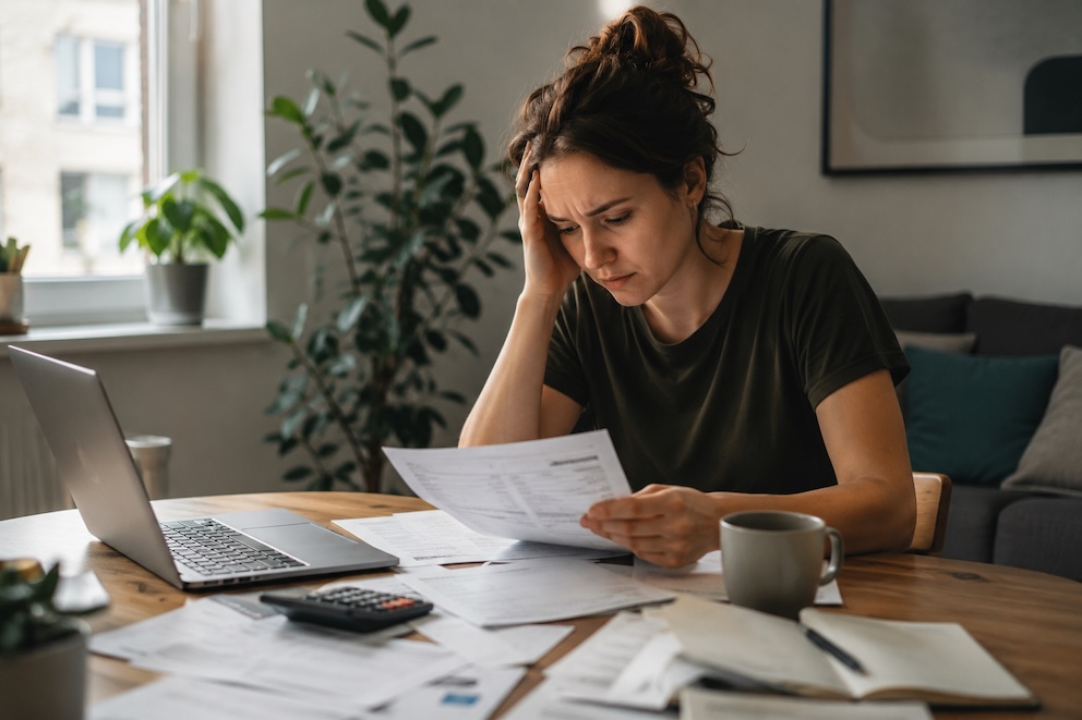 Bankkundin überprüft Kontoauszüge und Ausgaben, um versteckte Kosten zu erkennen und das Girokonto im Rahmen eines Financial Clean-Ups zu optimieren.