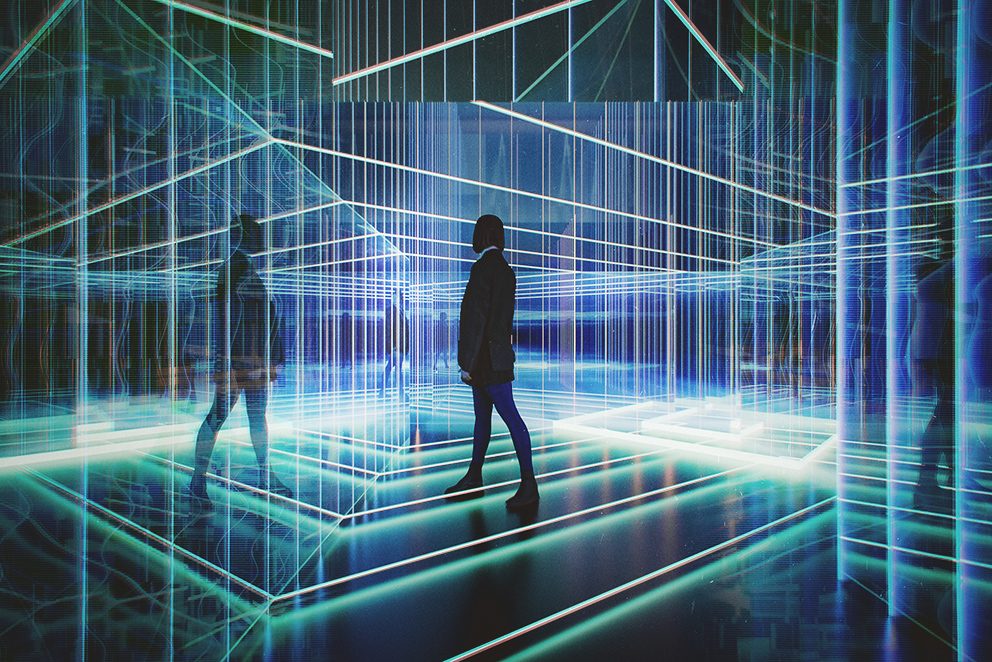 Eine unkenntliche Person, die sich einem futuristischen Raum, bestehend aus verschiedenen Lichtsteifen, befindet, als Symbol für das Thema KI-Readiness