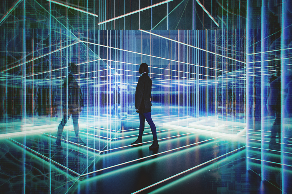 Eine unkenntliche Person, die sich einem futuristischen Raum, bestehend aus verschiedenen Lichtsteifen, befindet, als Symbol für das Thema KI-Readiness