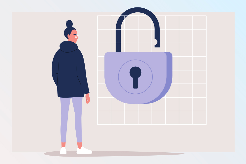Illustration: Eine Frau steht vor einem großen Vorhängeschloss, als Symbol für das Thema Cybersicherheit Mittelstand
