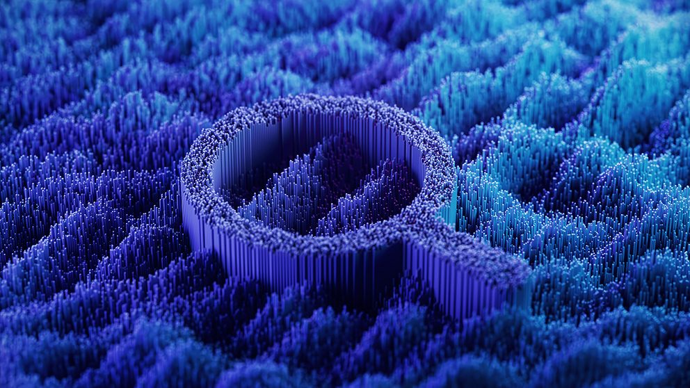 Eine lilafarbene Lupe auf einem blauen Unztergrund, als Symbol für das Thema einem KI im Mittelstand