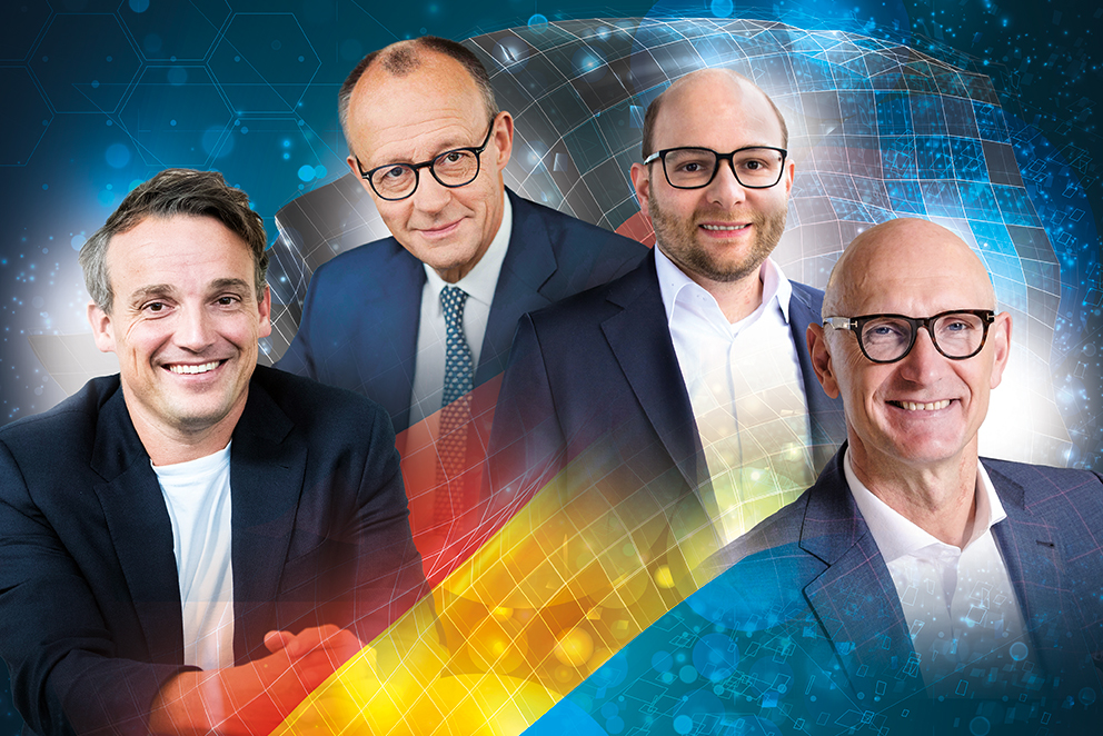 Zusammengeschnittenes Foto mit Porträts von Freidrich Merz, Christian Klein, Bastian Nominacher und Tim Höttges zum Thema Wirtschaftsstandort Deutschland
