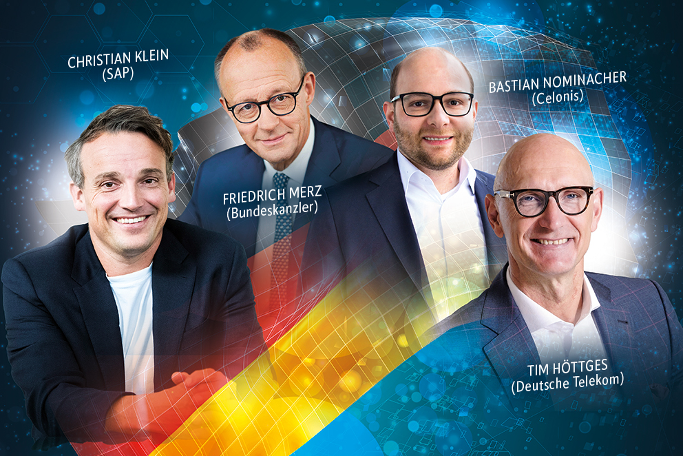 Zusammengeschnittenes Foto mit Porträts von Freidrich Merz, Christian Klein, Bastian Nominacher und Tim Höttges zum Thema Wirtschaftsstandort Deutschland