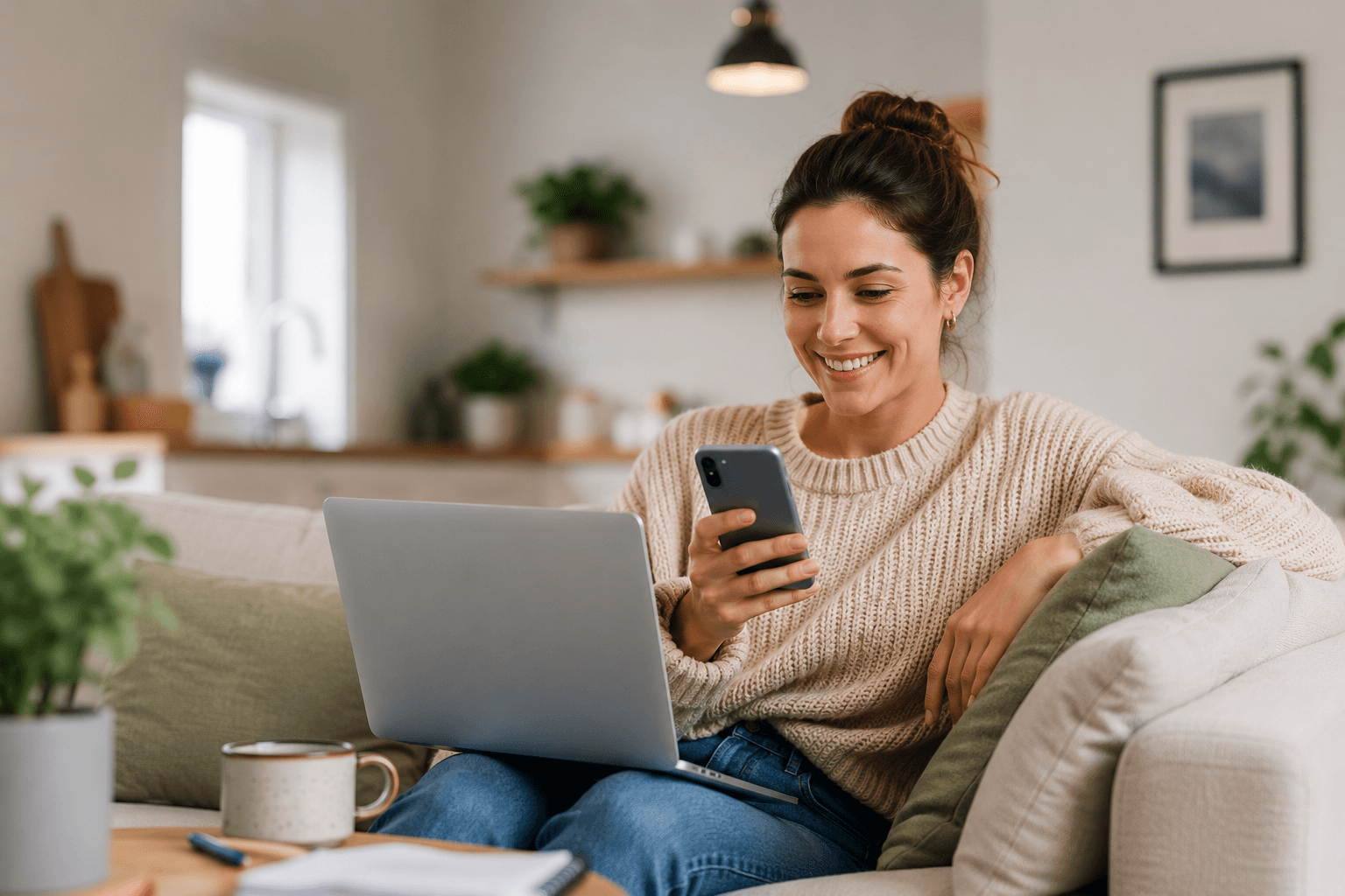Frau sitzt mit Laptop und Mobiltelefon auf ihrem Sofa. Entspannte Atmosphäre, glückliches Gesicht über kostenloses Instant Payments
