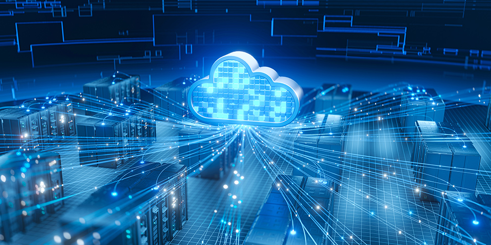 Das Bild zeigt eine Cloudwolke, von der mehrere elektrische Leitungungsbahnen als Symbol für das Thema KI im Mittelstand