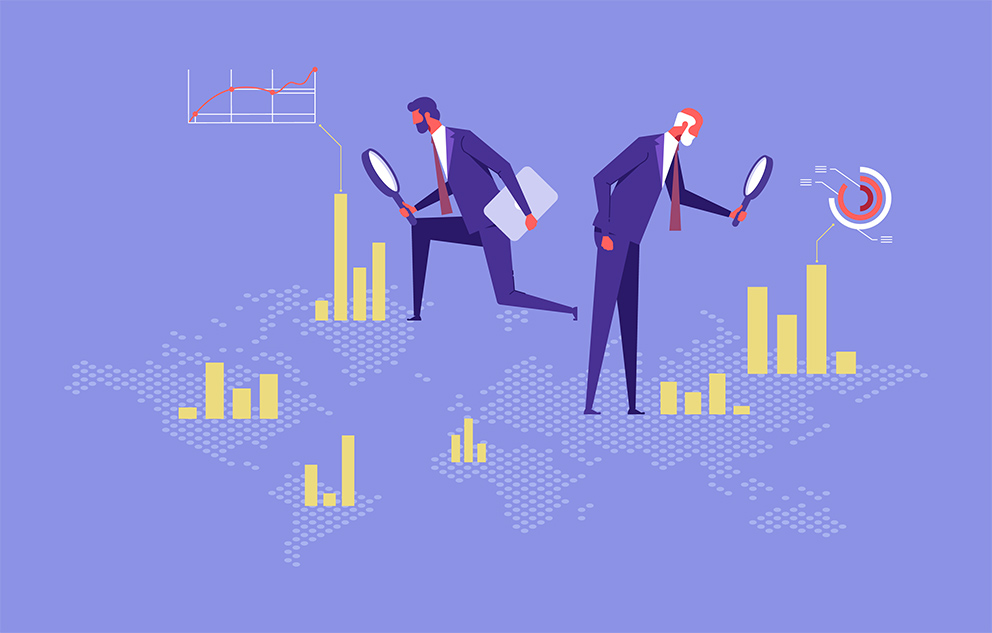 Illustration: Zwei Personen in Businesskleidung, die beide eine Lupe in der Hand haben und Balkendiagramme anschauen, als Symbol für Datenanalyse im Mittelstand
