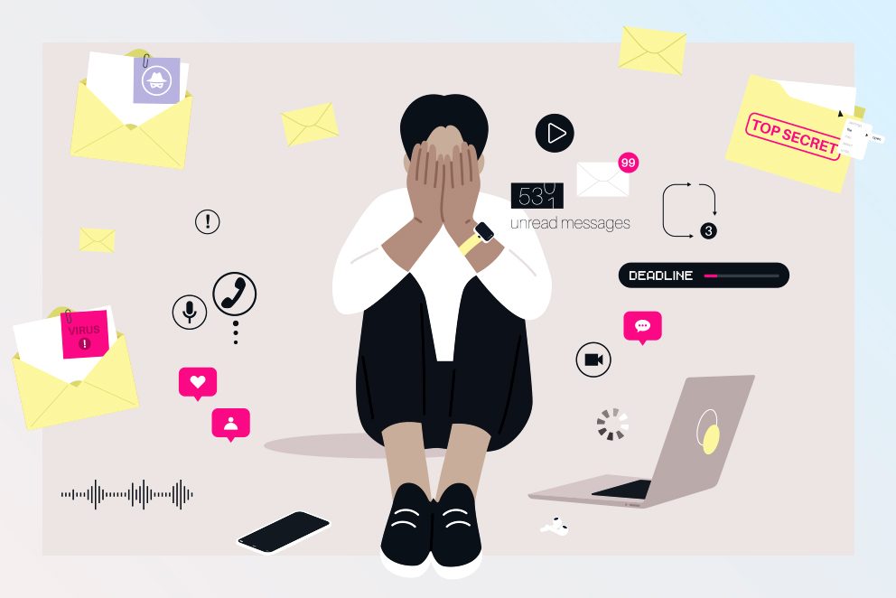Illustration: Eine Person sitzt auf dem Boden und hält sich die Hände vor das Gesicht, als Symbol für das Thema Cyberangriffe in Unternehmen