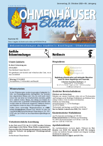 NUSSBAUM+ Premium - Ohmenhäuser Blättle – Bekanntmachungen des Stadtteils Reutlingen- Ohmenhausen NUSSBAUM+ Premium - Ohmenhäuser Blättle – Bekanntmachungen des Stadtteils Reutlingen- Ohmenhausen