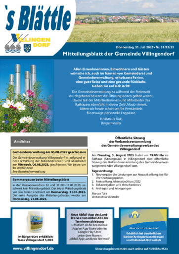 NUSSBAUM+ Premium - `s Blättle – Mitteilungsblatt der Gemeinde Villingendorf